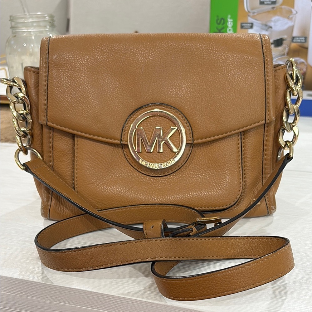 Michael Kors Brown Leather Crossbody Bag with Gold Accents